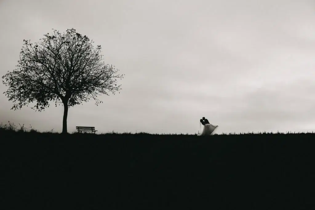 Brautpaar im Halloween-Stil: Silhouette des Paares vor einem einsamen Baum, aufgenommen bei einem kreativen Brautpaar Fotoshooting in düsterer Atmosphäre.