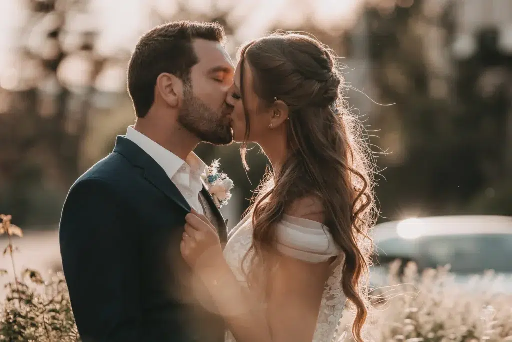Hochzeitsfotograf Karlsruhe hält innigen Kuss in der goldenen Stunde fest